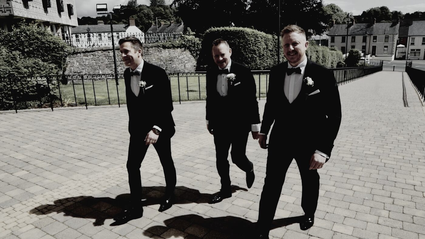 Groom and groomsmen captured in a Belfast wedding film